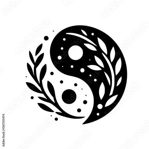 Stylized Yin-Yang symbol, integrating natural elements like leaves and dots for a balanced, minimalist, and harmonious aesthetic.