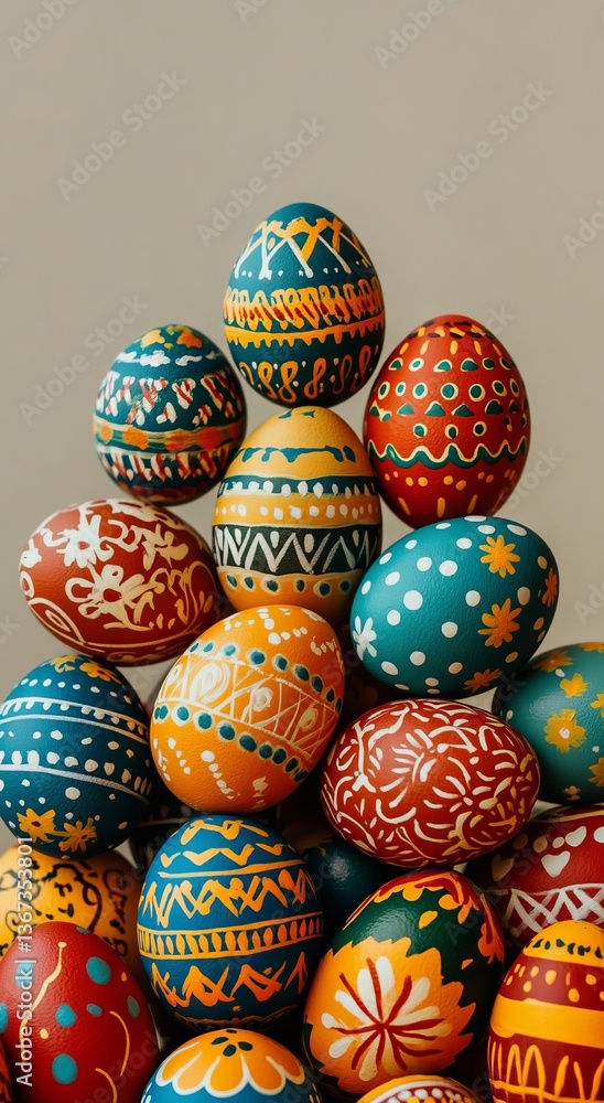 A stack of colorful Easter eggs sits neatly against a gentle pastel backdrop A stack of colorful Easter eggs sits neatly against a gentle pastel backdrop