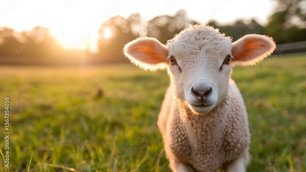 A close-up of a lamb in a green field during sunset, with soft lighting highlighting its features. Concept Lamb Close-Up, Golden Hour Glow, Soft Lighting Effects, Nature Photography A close-up of a lamb in a green field during sunset, with soft lighting highlighting its features. Concept Lamb Close-Up, Golden Hour Glow, Soft Lighting Effects, Nature Photography