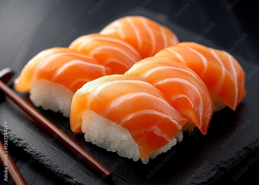 Savory salmon nigiri arranged on a slate plate with chopsticks and soy sauce Savory salmon nigiri arranged on a slate plate with chopsticks and soy sauce