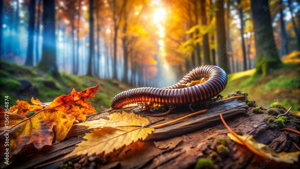 Fototapeta premium Autumn Forest Compost Heap: Millipede Double Exposure Stock Photo
