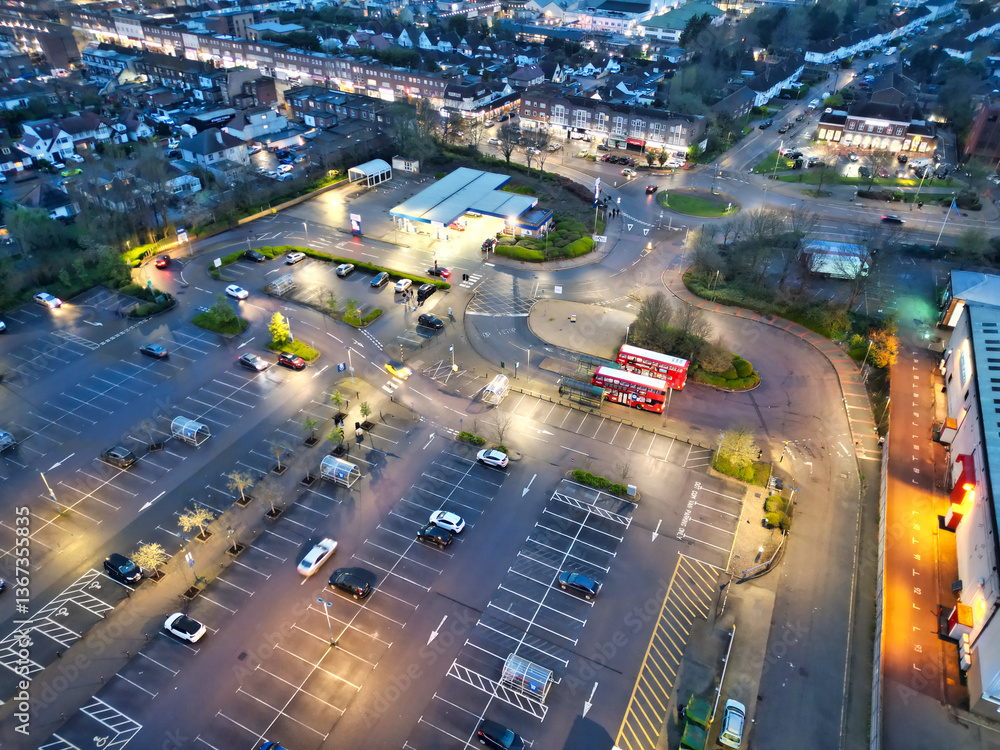 Fototapeta premium High Angle View of Illuminated Buildings at Central Borehamwood London City of England United Kingdom During Night. April 4th, 2024