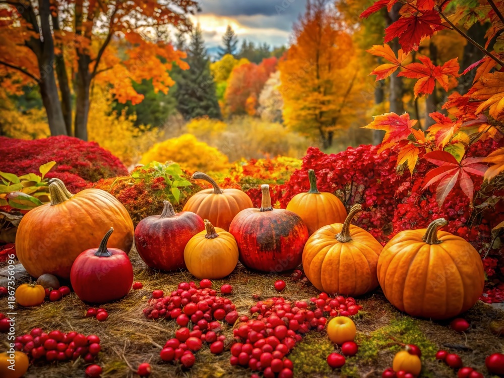 Autumn Harvest Seamless Pattern: Fall Leaves, Pumpkins & Berries Background Autumn Harvest Seamless Pattern: Fall Leaves, Pumpkins & Berries Background