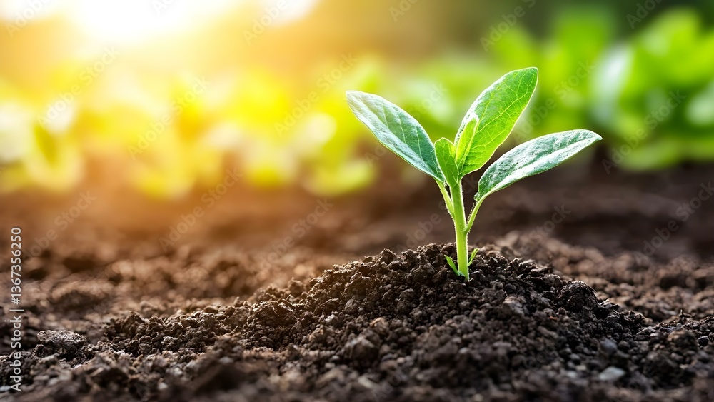 Fototapeta premium A young plant sprouting from soil with green leaves, surrounded by blurred greenery in the background. Concept Young Plant Growth, Sprouting Seedling, Nature Photography, Green Leaves