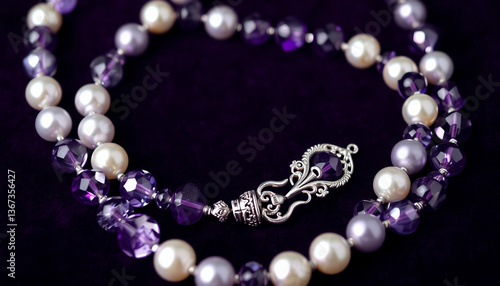 Wallpaper Mural Luxurious pearl and amethyst bead necklace displayed on a deep purple velvet background, showcasing intricate silver details. Perfect for highlighting elegance, sophistication, craftsmanship, and jewe Torontodigital.ca