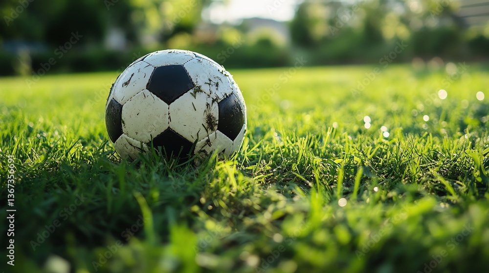 Fototapeta premium Soccer Ball Resting on Green Grass in Summertime Sunlight