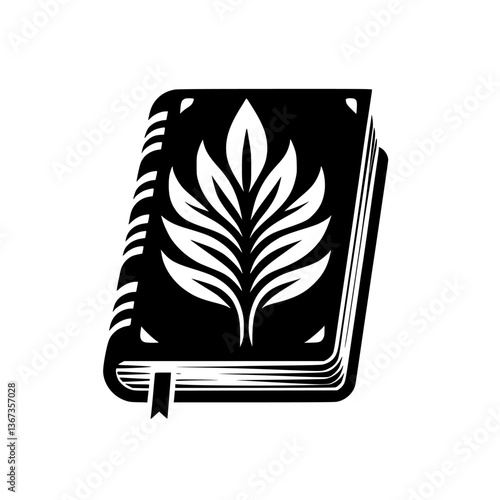 Monochromatic Illustration of a Hardcover Book Adorned with a Leafy Emblem and a Bookmark, Set Against a White Background
