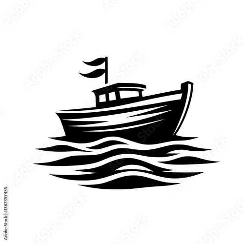A stylized black and white illustration of a fishing boat sailing atop stylized ocean waves, complete with a mast and two small flags.
