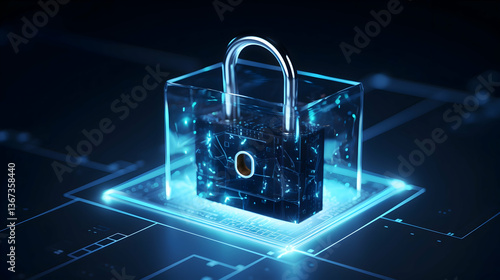 A digital padlock glows, symbolizing robust online security within a futuristic, glowing blue digital landscape.