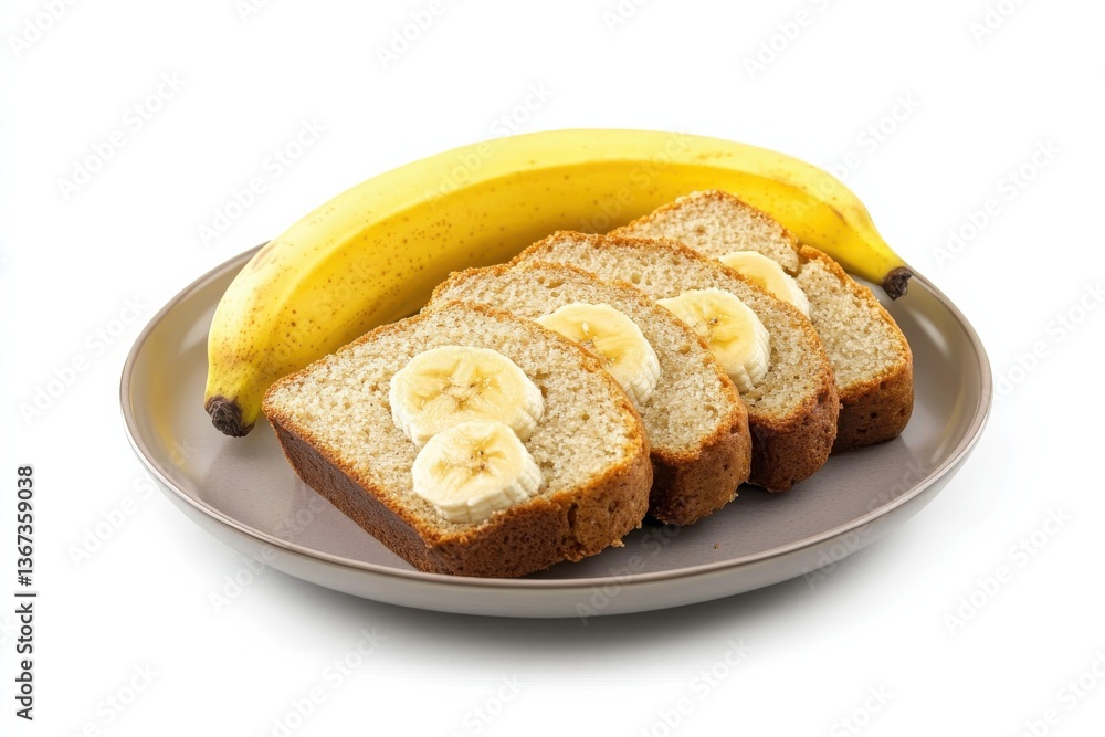Delicious banana bread slices adorned with fresh banana on a stylish plate isolated on transparent background Delicious banana bread slices adorned with fresh banana on a stylish plate isolated on transparent background
