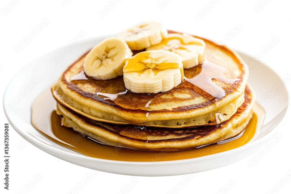 Delicious stack of pancakes topped with fresh banana slices and drizzled with golden syrup isolated on transparent background Delicious stack of pancakes topped with fresh banana slices and drizzled with golden syrup isolated on transparent background