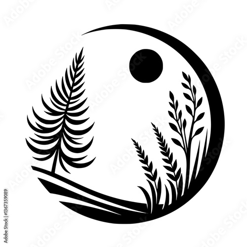 Minimalist black and white illustration of a stylized landscape within a circular frame; featuring a coniferous tree, grasses, sun and rolling hills.