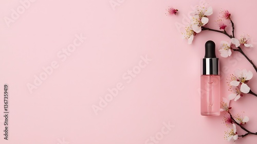 Close up of a light pink cosmetic serum bottle filled with a delicate cherry blossom extract  The minimalist glass bottle features a simple elegant design against a clean studio background