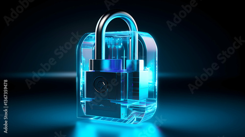 Fotografija A gleaming digital lock, a symbol of impenetrable security and technological advancement, showcased with vibrant blue glow and dark reflective surface