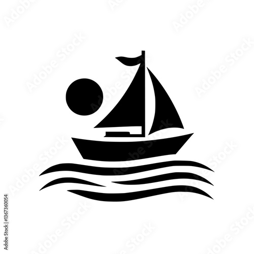 A minimalist black and white illustration of a sailboat with a sun and ocean waves, evoking a sense of tranquility and nautical adventure.