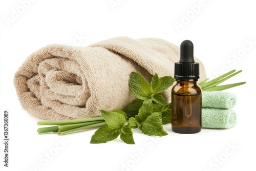 Relaxing spa essentials featuring natural ingredients and soft towels on a serene backdrop isolated on transparent background