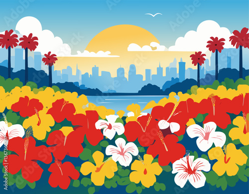 Art & Illustration landscape of tropical garden with city background.