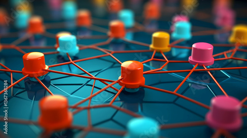 A vibrant network of interconnected colorful nodes symbolizing global communication and collaboration on a deep blue reflective surface.