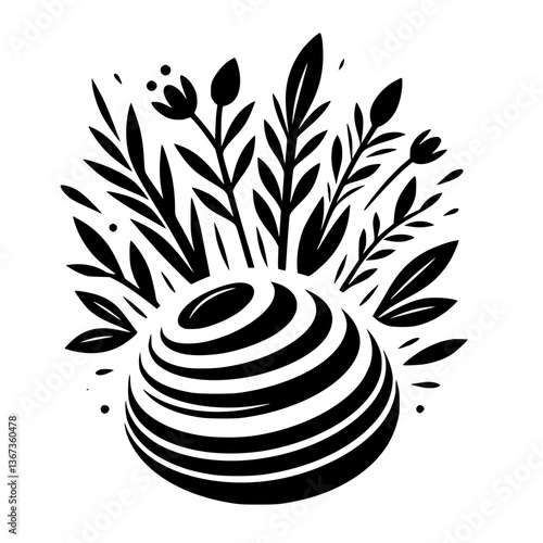 A stylized black and white floral arrangement erupting from a horizontally-striped spherical vase, showcasing nature's elegance.