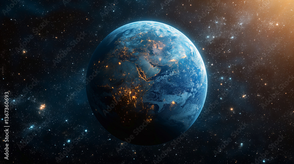 A stunning view of Earth from space, showcasing vibrant city lights against a backdrop of deep space. A stunning view of Earth from space, showcasing vibrant city lights against a backdrop of deep space.