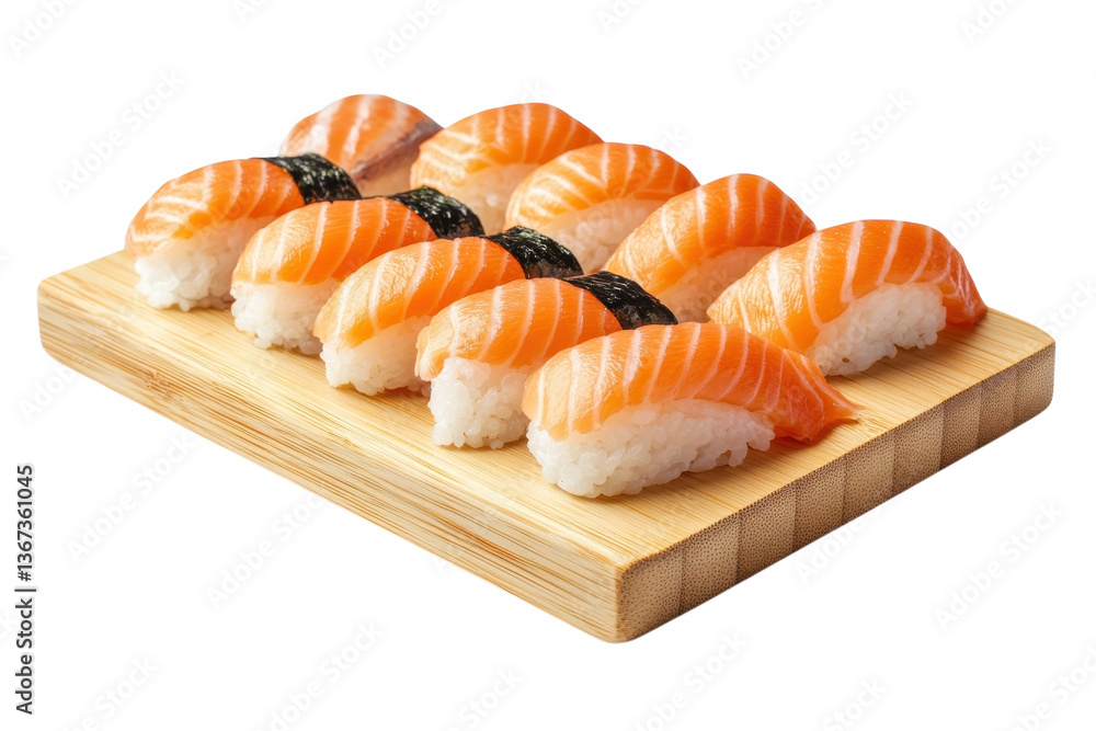 Traditional sushi platter showcasing vibrant salmon nigiri on a wooden serving board isolated on transparent background Traditional sushi platter showcasing vibrant salmon nigiri on a wooden serving board isolated on transparent background