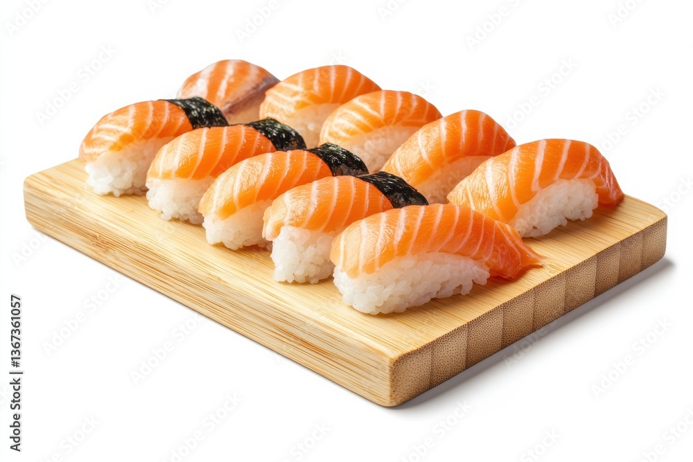 Traditional sushi platter showcasing vibrant salmon nigiri on a wooden serving board isolated on transparent background Traditional sushi platter showcasing vibrant salmon nigiri on a wooden serving board isolated on transparent background