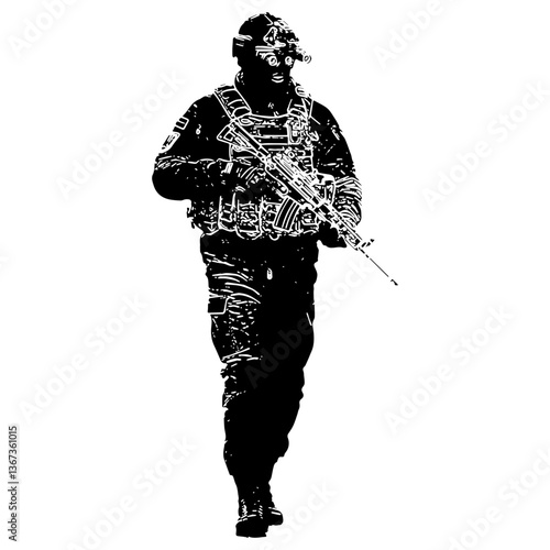 Black and White Ukraine Army Art Ilustration, Walking in a black uniform, designed as night camouflage attire