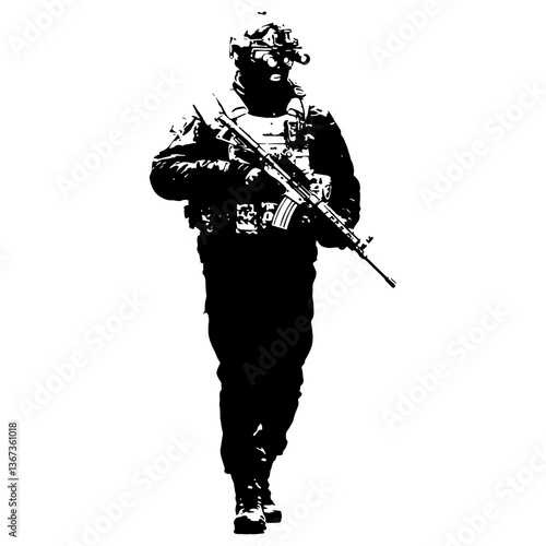 Black and White Ukraine Army Art Ilustration, Walking in a black uniform, designed as night camouflage attire with inverted perception