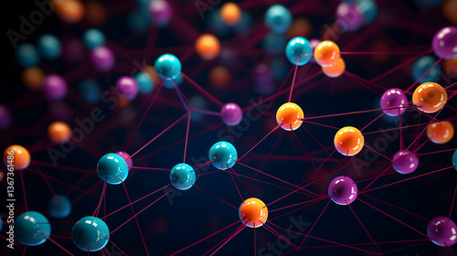 A vibrant network of interconnected colorful spheres, symbolizing global communication and collaboration, with a dark background and intricate red lines.
