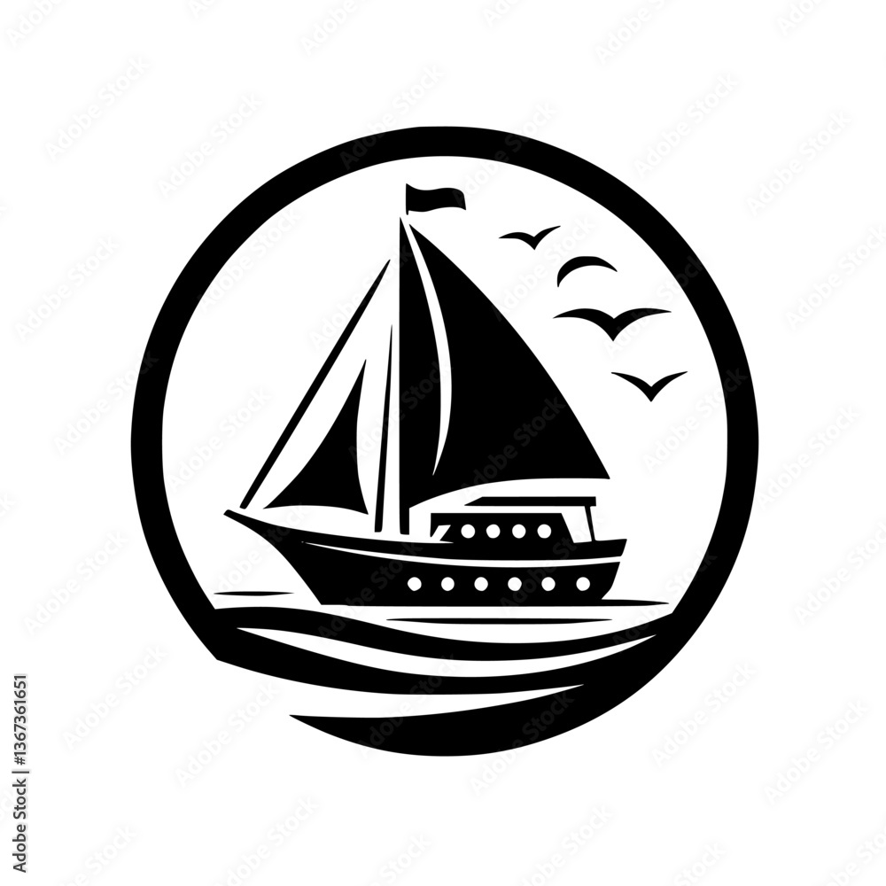 A monochrome nautical emblem featuring a sailboat with billowing sails, cresting waves, birds in flight, and a flag, all enclosed within a circular frame, radiating serenity. A monochrome nautical emblem featuring a sailboat with billowing sails, cresting waves, birds in flight, and a flag, all enclosed within a circular frame, radiating serenity.