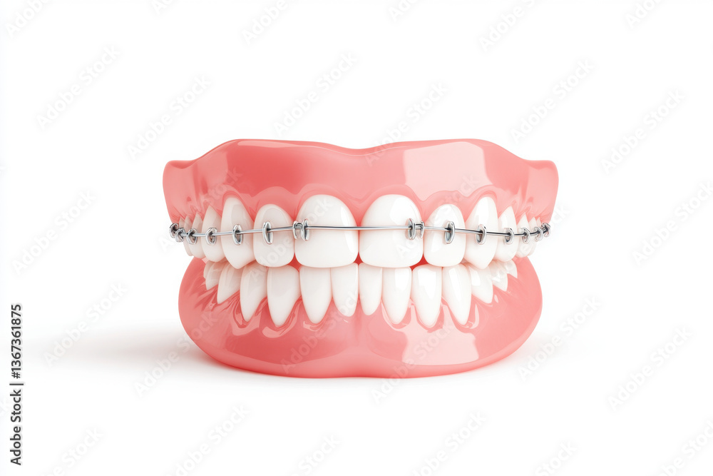 Obraz premium detailed model of teeth with orthodontic braces showcases realistic representation of dental alignment. braces are metallic and attached to set of white teeth, emphasizing dental care