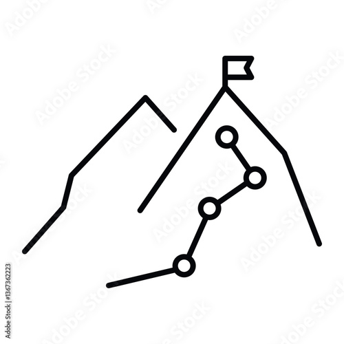 A rock climbing icon illustrating a mountain ridge with a flag at the top pointing to the goal, reflecting the essence of adventure and the climbers path.