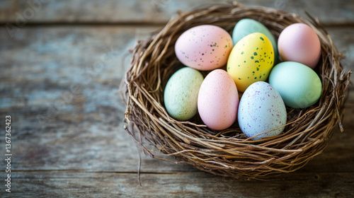 Colorful Easter Eggs in a Rustic Woven Nest on Aged Wood