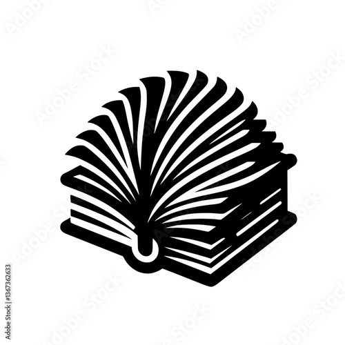 A stylized black and white graphic illustration of an open book, featuring dynamic, swirling pages fanning outwards, evoking knowledge and exploration.