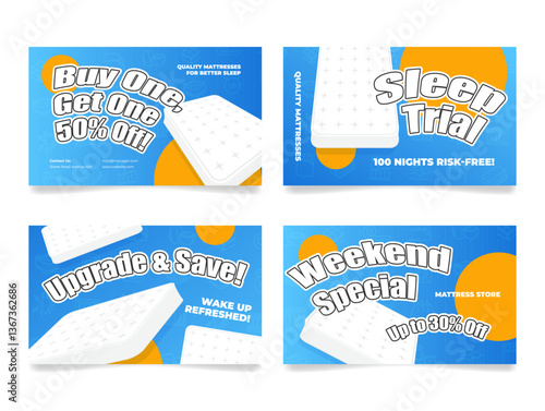 Promotional card templates offering tempting discounts on quality mattresses, highlighting special offers and weekend sales