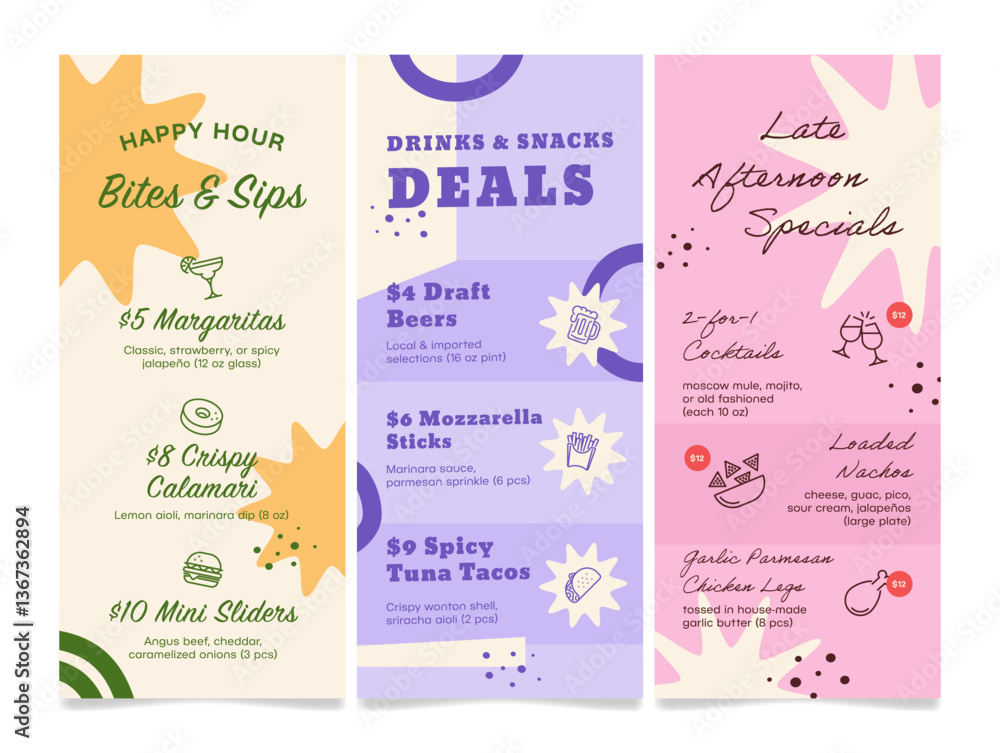 Obraz premium Menu template with specials including happy hour appetizers, drinks and evening specials for a local establishment