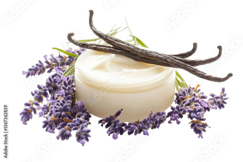 Vanilla and lavender scented cream jar with vanilla pods isolated on Transparent Background