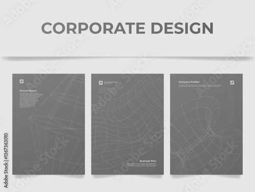 Corporate design layout showcasing monochrome annual report, business plan, and company profiles for a modern corporate branding initiative