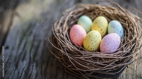 Colorful Easter Eggs in a Rustic Woven Nest on Aged Wood