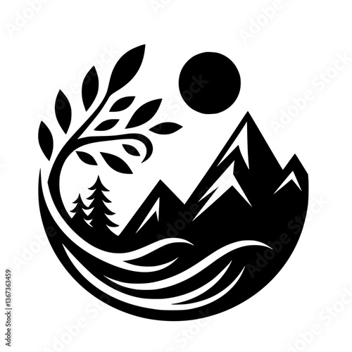 Monochromatic circular landscape logo featuring stylized mountains, sun, tree, and flowing water, conveying nature's tranquility and balance.