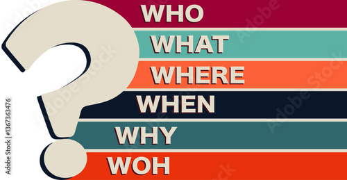Banner copy space with question marks and Who-what-where-when-why-how text. Investigate and solve questions. Problem solving - Brainstorming concept
