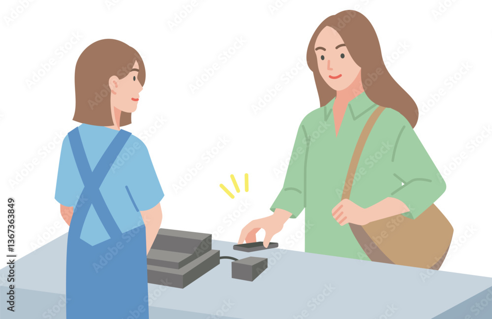 レジでキャッシュレス決済をする女性 レジでキャッシュレス決済をする女性