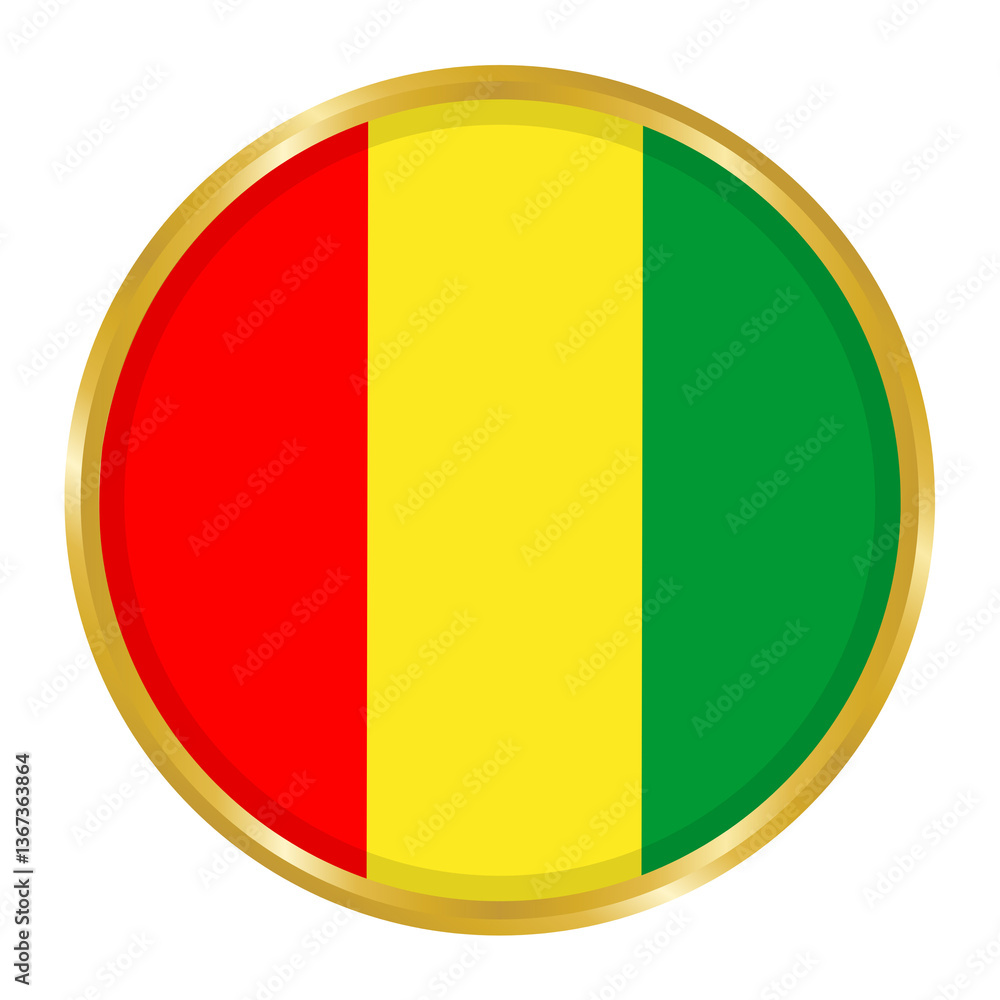 Fototapeta premium Round Flag of Guinea with Golden Border, Guinea Flag Button