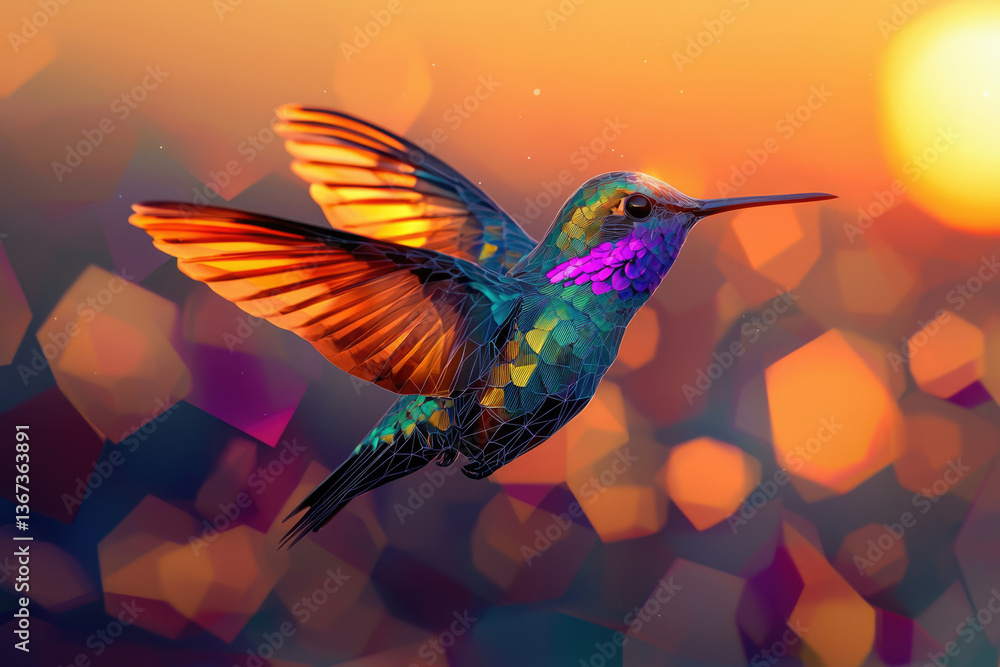 Obraz premium A vibrant, geometric hummingbird in flight against a sunset backdrop.