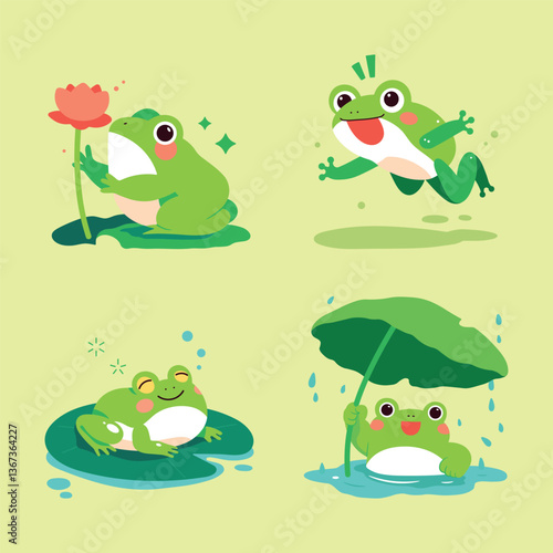Cute frog illustrations set in different playful scenarios: jumping, relaxing, holding a flower, and using a leaf umbrella. Fun, cheerful, and perfect for children’s content. Vector in cartoon style.