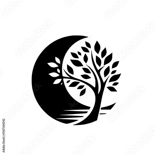 Elegant monochrome logo featuring a stylized tree with lush foliage, seamlessly integrated within a crescent moon, evoking tranquility.