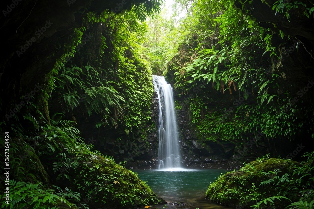 Fototapeta premium A serene waterfall cascades into a clear pool, surrounded by lush greenery and tropical vegetation in a tranquil forest setting.