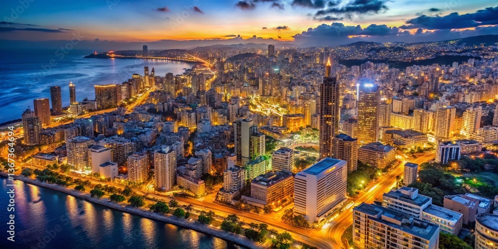 Obraz premium Beirut Night Skyline Aerial View: Stunning Cityscape at Dusk