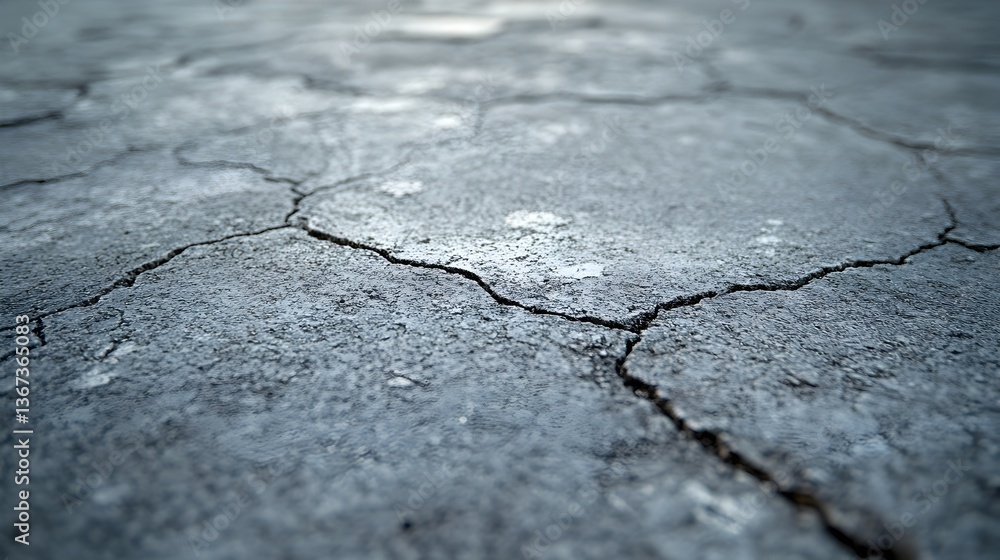 Obraz premium A close-up view reveals a cracked and dry earth surface with intricate patterns of fissures under a soft light.