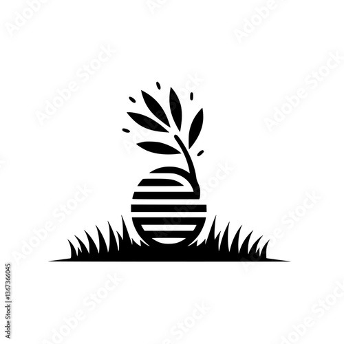 A stylized black and white logo of a sprouting plant within a striped globe, emerging from grass, symbolizing growth and nature.